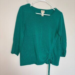 CHICO'S Long Ruched Sleeve Drawstring Knit Sweater Womens S Petite Green Stretch